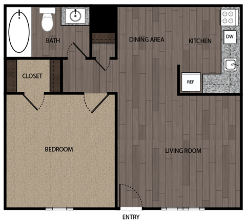 Floor plan for 1 bed, 1 bath, 550 sqft